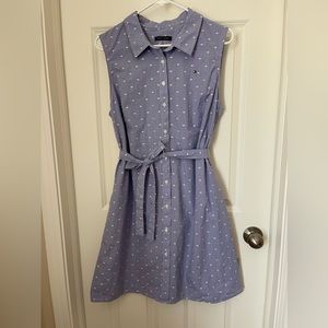 Tommy Hilfiger blue dress. Sleeveless. Collared. Tie belt. Size 14. Used.